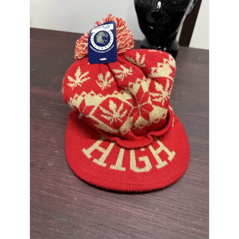 Premier Red Knit Visor Beanie Pom Pom Weed Pot Leaf HIGH Winter Hat Cap NWT